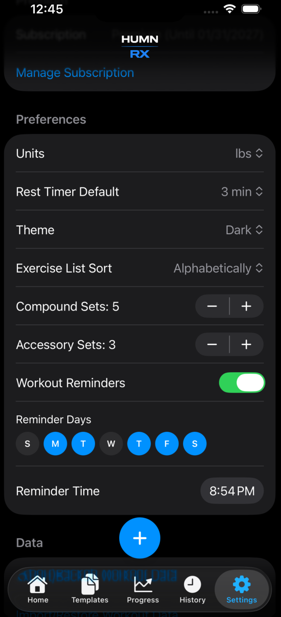 Settings screen