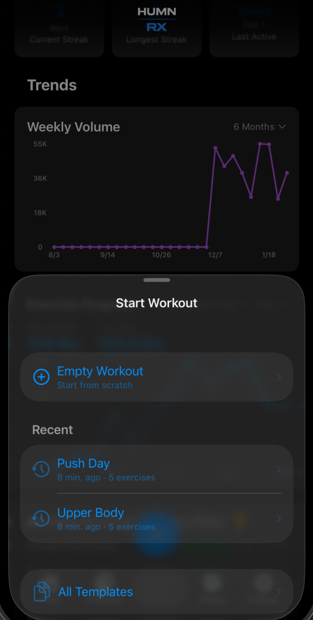 Start workout screen